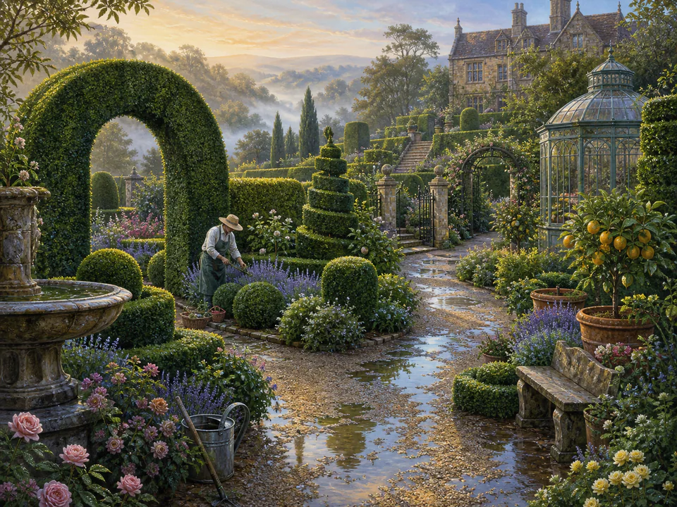 Dewy Topiary Walk, an illustrated secret gardens jigsaw puzzle scene