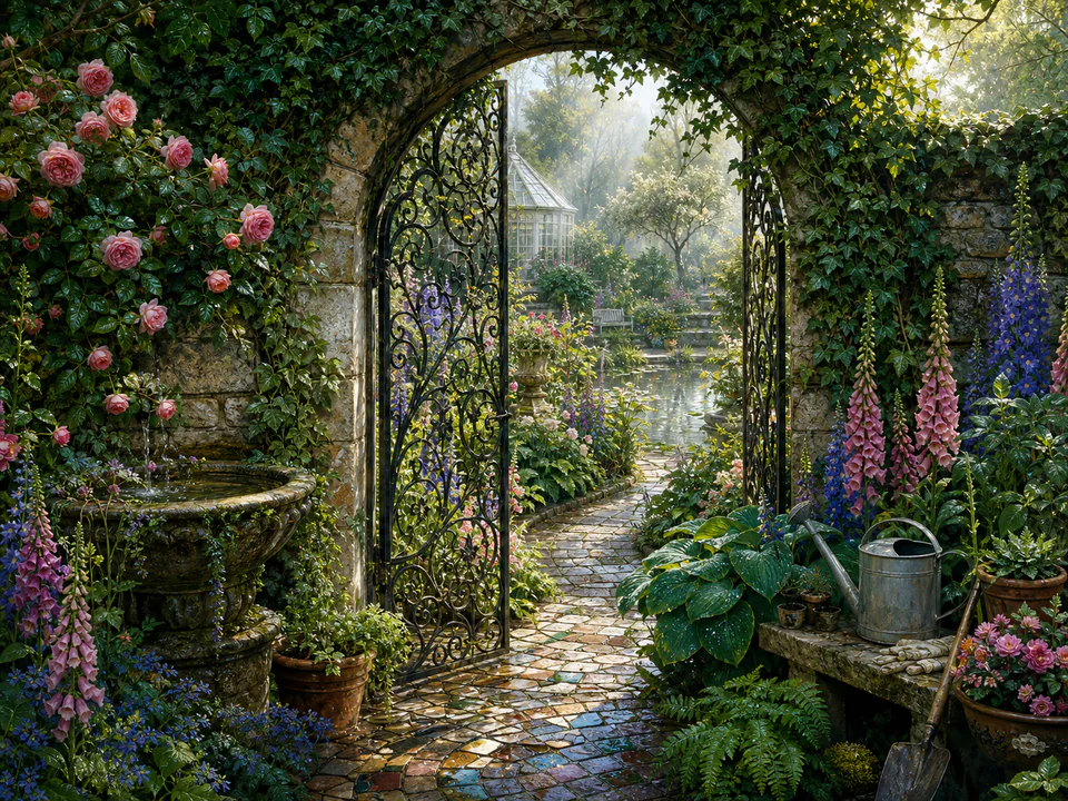 Dewy Secret Gate, an illustrated secret gardens jigsaw puzzle scene