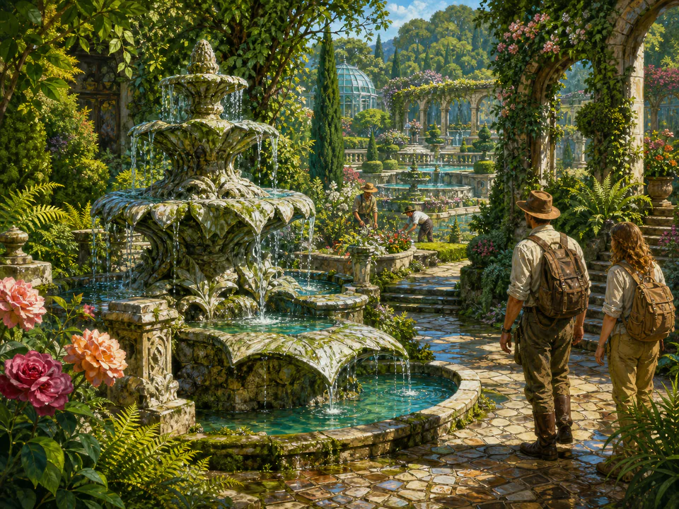Emerald Hidden Fountain, an illustrated secret gardens jigsaw puzzle scene