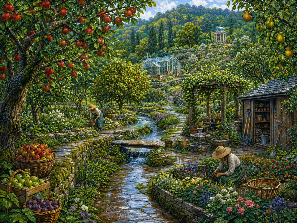 Emerald Orchard Path, an illustrated secret gardens jigsaw puzzle scene