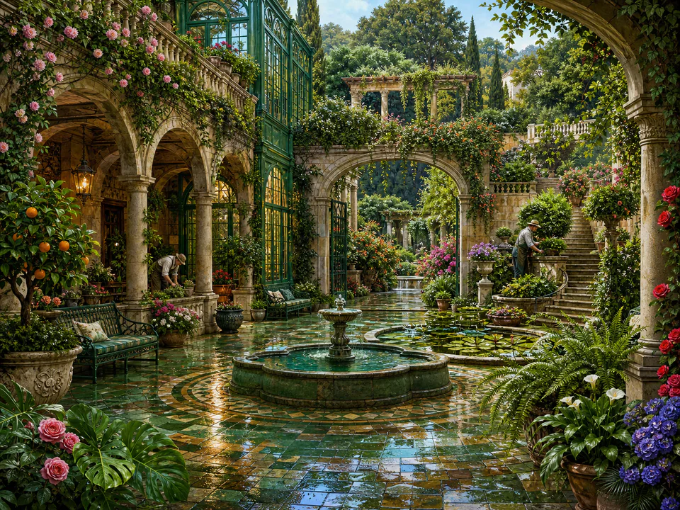 Emerald Courtyard, an illustrated secret gardens jigsaw puzzle scene