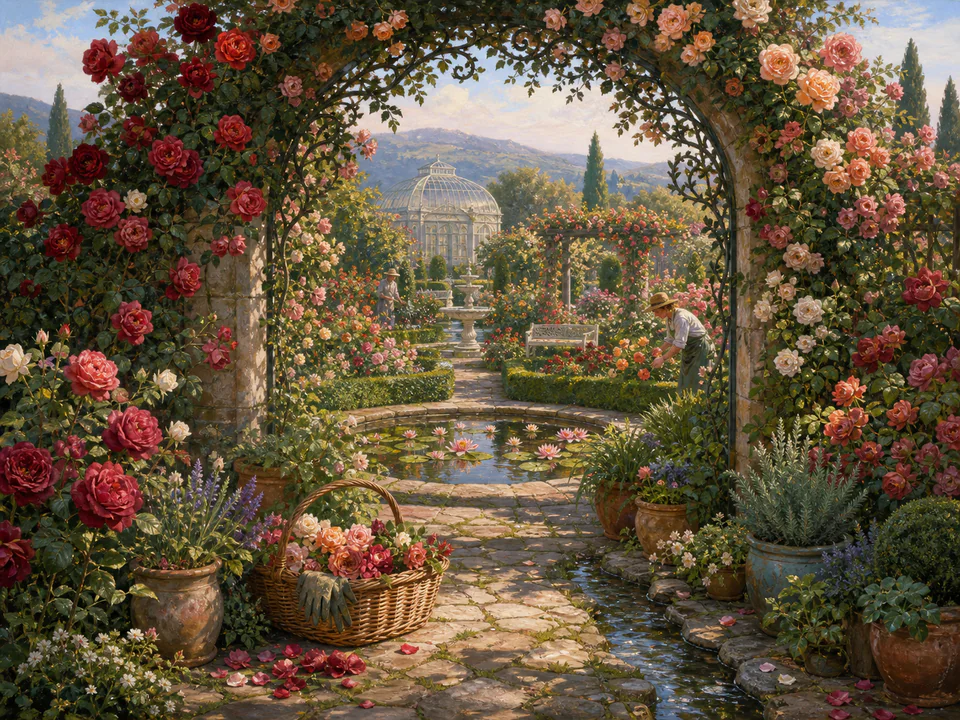 Rose Garden Arch, an illustrated secret gardens jigsaw puzzle scene