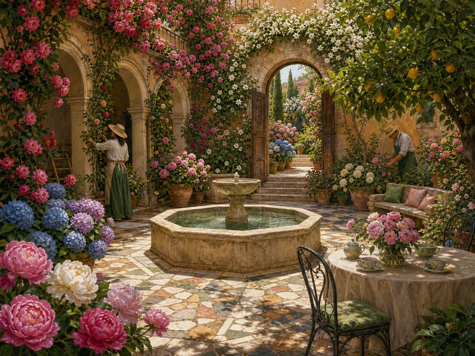 Rose Courtyard, an illustrated secret gardens jigsaw puzzle scene
