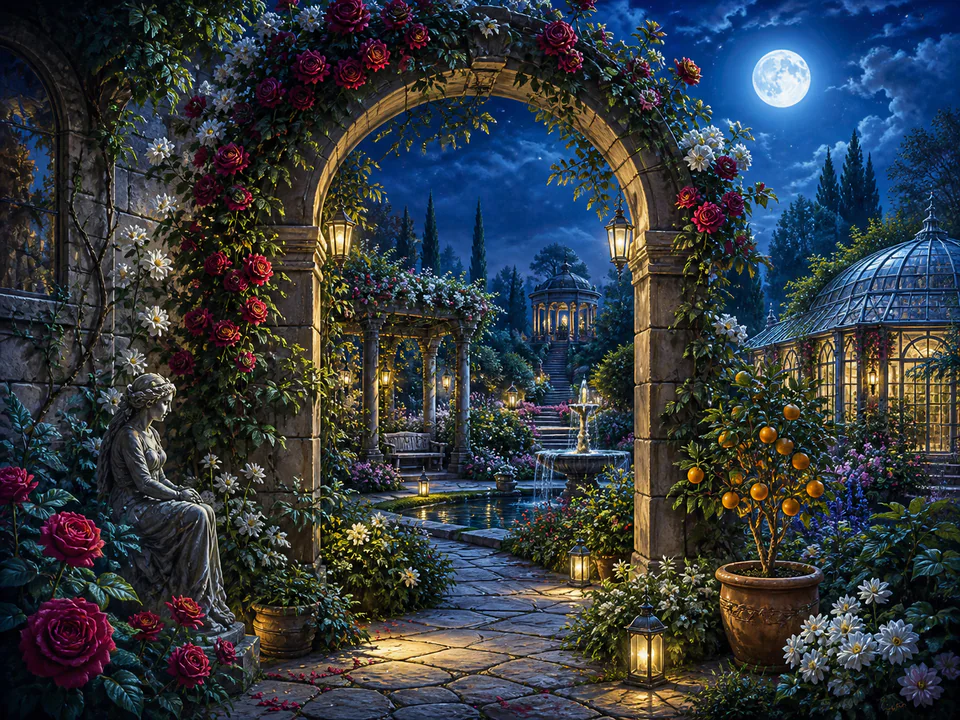 Moonlit Garden Arch, an illustrated secret gardens jigsaw puzzle scene