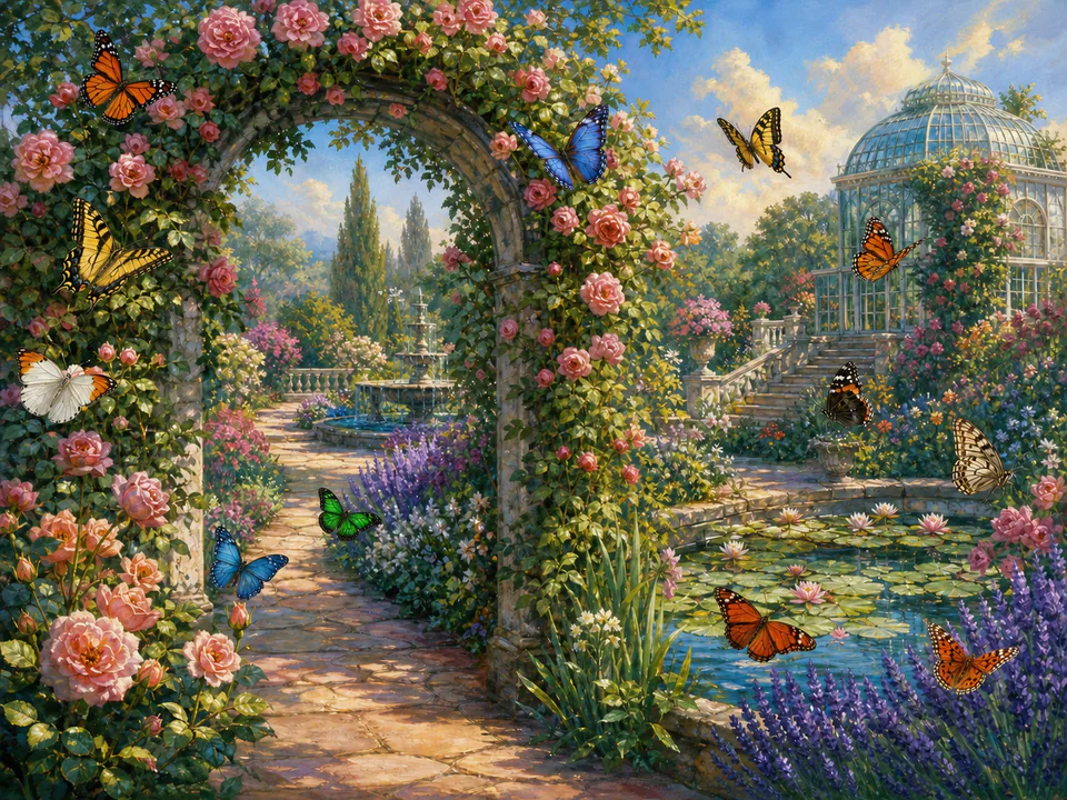 Butterfly Garden Arch, an illustrated secret gardens jigsaw puzzle scene