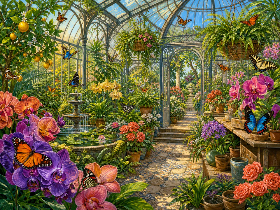 Butterfly Greenhouse, an illustrated secret gardens jigsaw puzzle scene