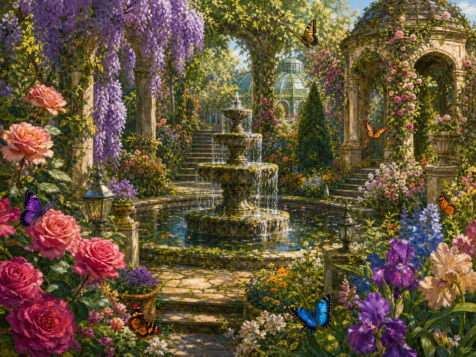 Butterfly Hidden Fountain, an illustrated secret gardens jigsaw puzzle scene