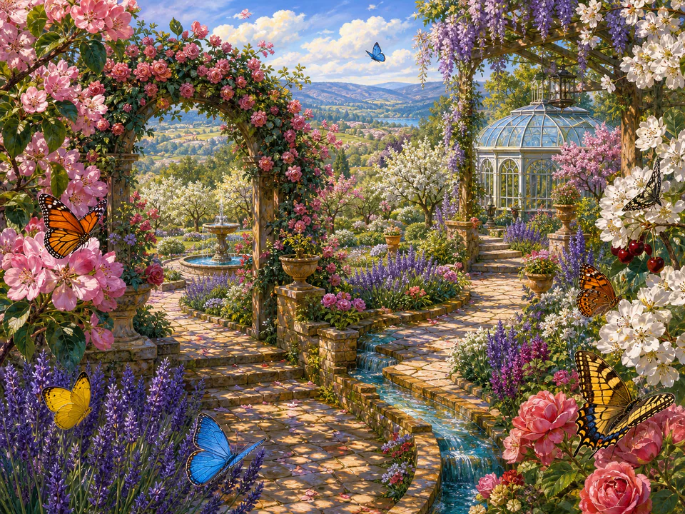 Butterfly Orchard Path, an illustrated secret gardens jigsaw puzzle scene