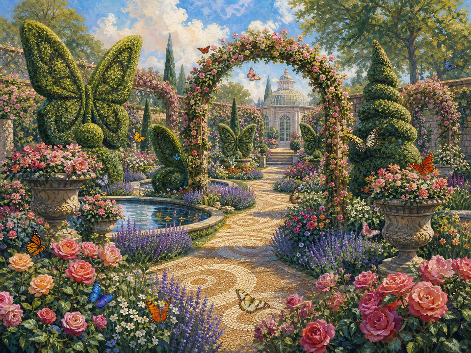 Butterfly Topiary Walk, an illustrated secret gardens jigsaw puzzle scene