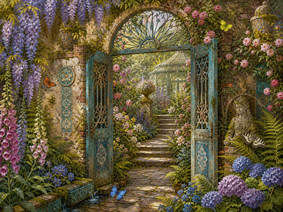 Butterfly Secret Gate, an illustrated secret gardens jigsaw puzzle scene