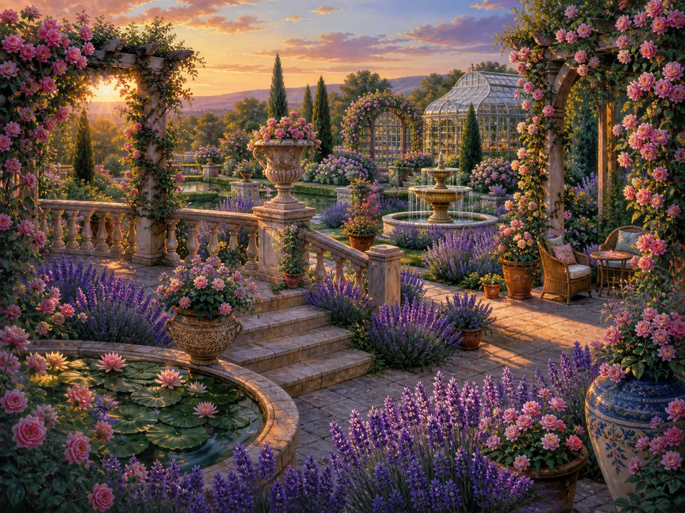 Lavender Rose Terrace, an illustrated secret gardens jigsaw puzzle scene