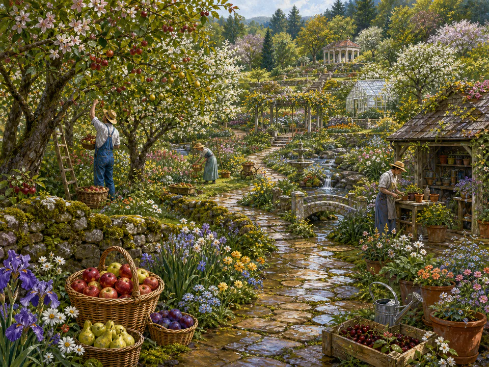 Wildflower Orchard Path, an illustrated secret gardens jigsaw puzzle scene