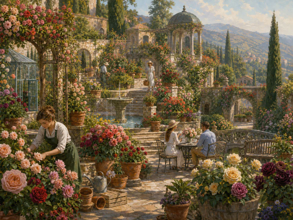 Jade Rose Terrace, an illustrated secret gardens jigsaw puzzle scene