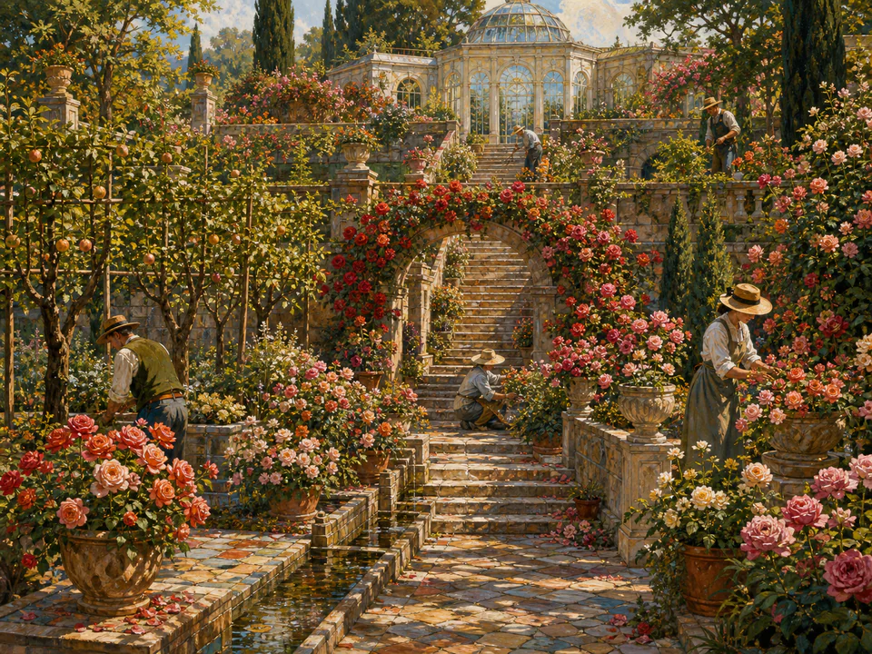 Jade Flower Steps, an illustrated secret gardens jigsaw puzzle scene