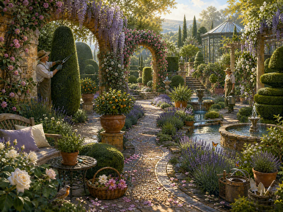 Morning Topiary Walk, an illustrated secret gardens jigsaw puzzle scene